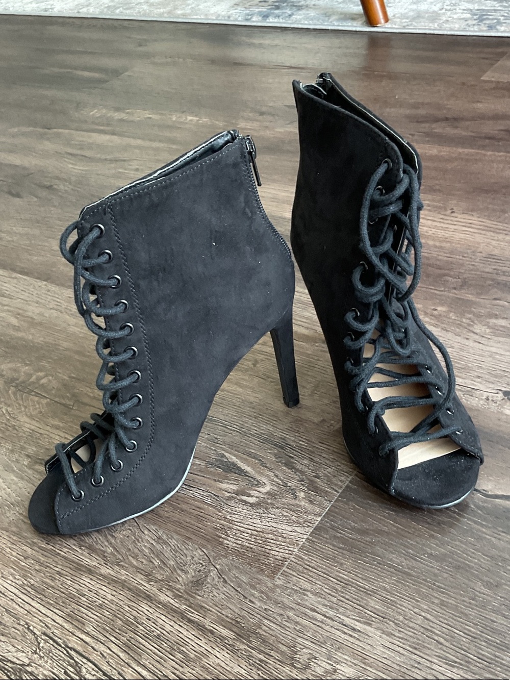 New York & Company Black Lace-Up Peep Toe Stiletto Ankle Heels